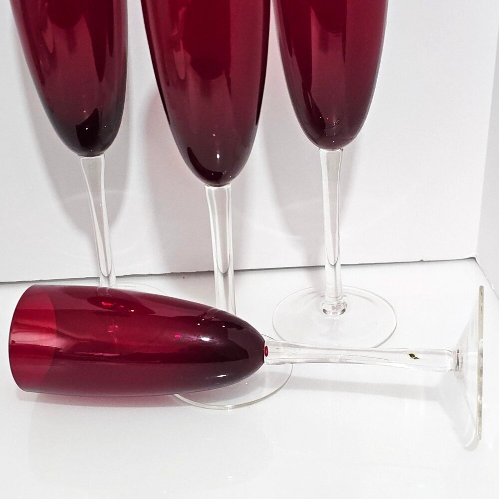4 Vintage Ruby Red Champagne Flutes Glasses 9.25" crystal 6oz - Picture 3 of 7